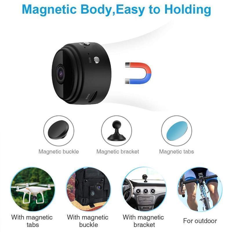 Zwarte mini camera met magnetische behuizing naast een magneetknop, magneethouder en metaalplaatjes, met voorbeelden op een drone, rugzak, dashboard en fietsarm