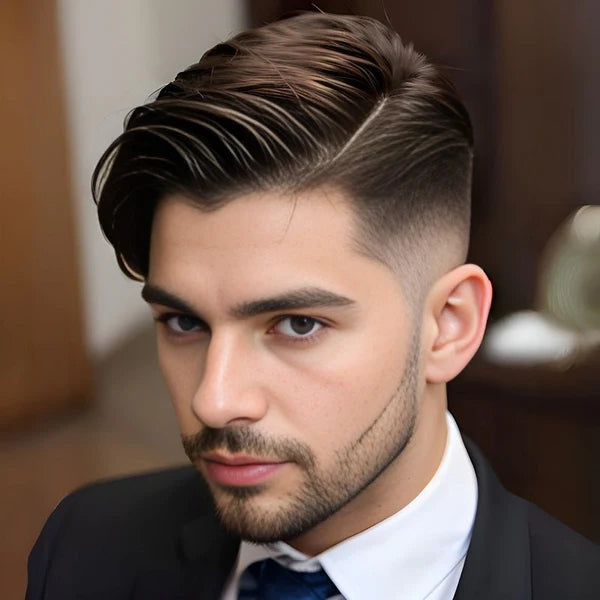 Foto van jonge man met kort haar aan de zijkant en lang haar boven op zijn hoofd, na gebruik van de Hair Gel.