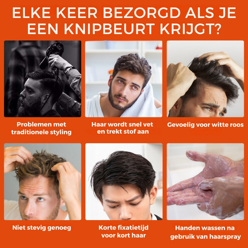 6 foto's van mannen die de Hair Gel willen gebruiken omdat ze problemen hebben met hun haar, met als voorbeeld roos en styling problemen.