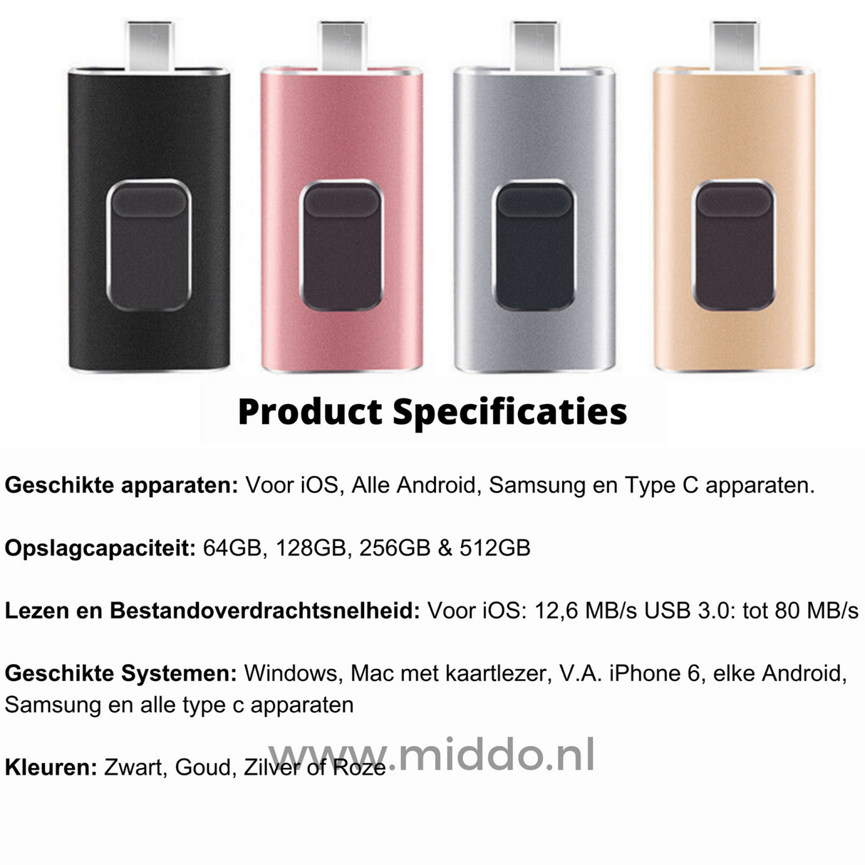 Verschillende 4-in-1 flashdrives met productspecificaties en opslagcapaciteiten