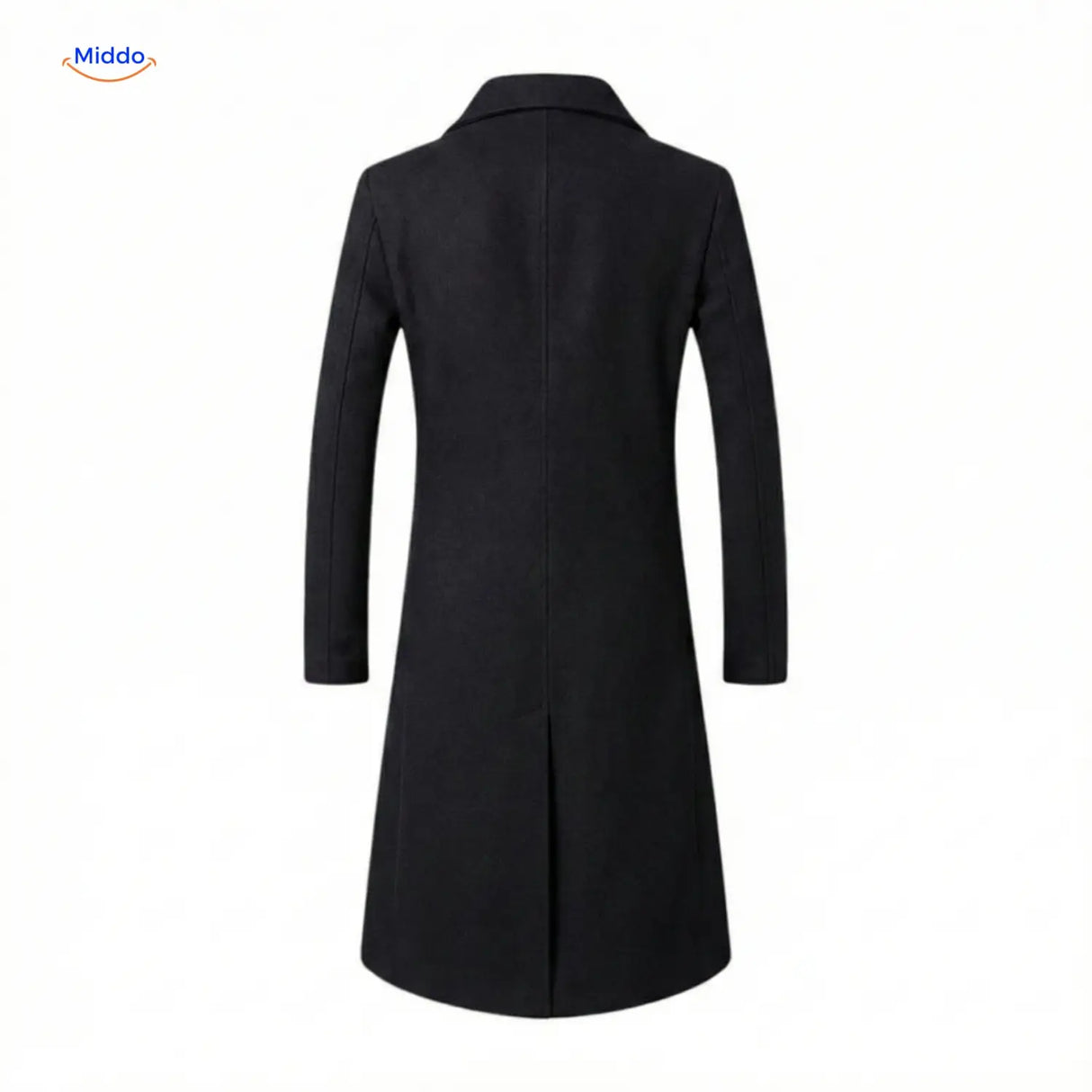 Zwarte Ashford™ lange wol mantel voor heren, achterkant, geïnspireerd door Peaky Blinders.