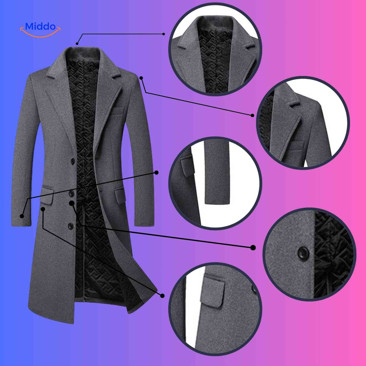 Detailoverzicht van Ashford™ heren trenchcoats in zwart en grijs, knopen, voering en pasvorm.