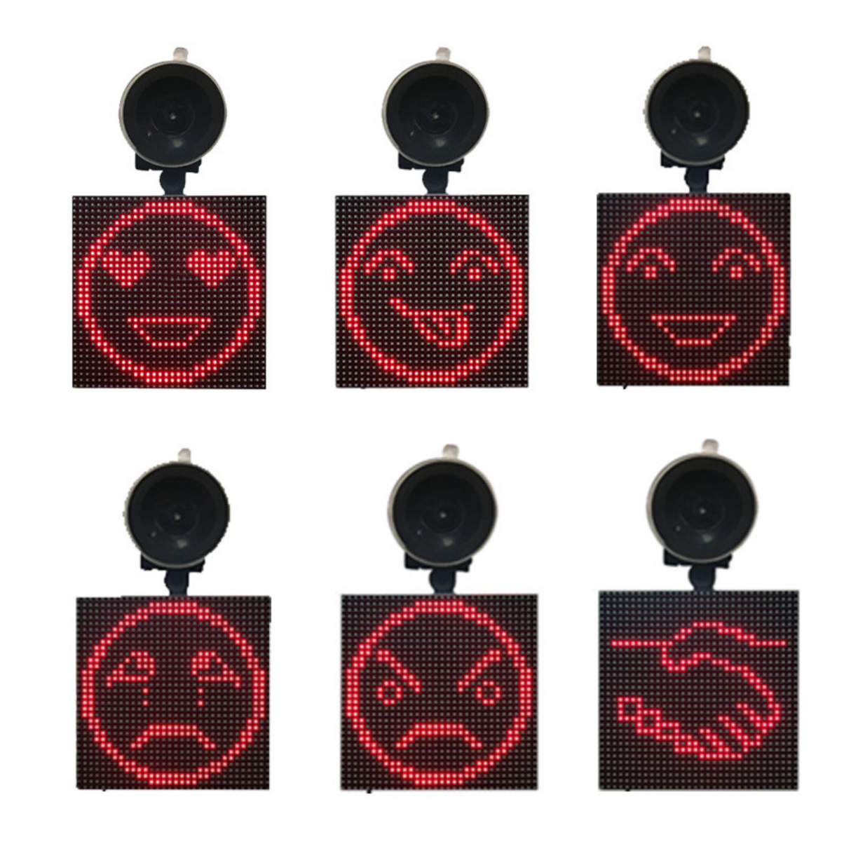 Zes verschillende emoji's lachen boos en verliefd in het rood met zuignap op witte achtergrond.