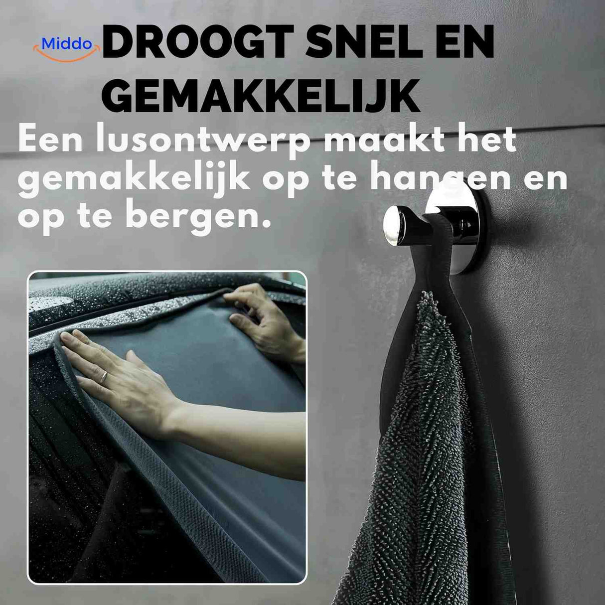 BraidDry Handdoek sneldrogend en makkelijk op te hangen handdoek voor auto www.middo.nl