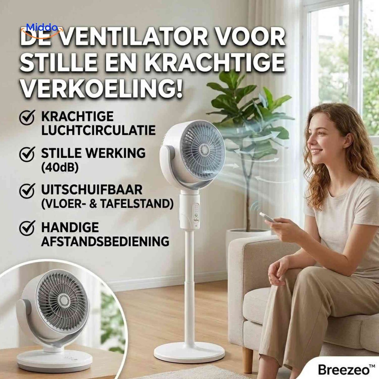 Breezeo Ventilator krachtige stille luchtcirculatie www.middo.nl