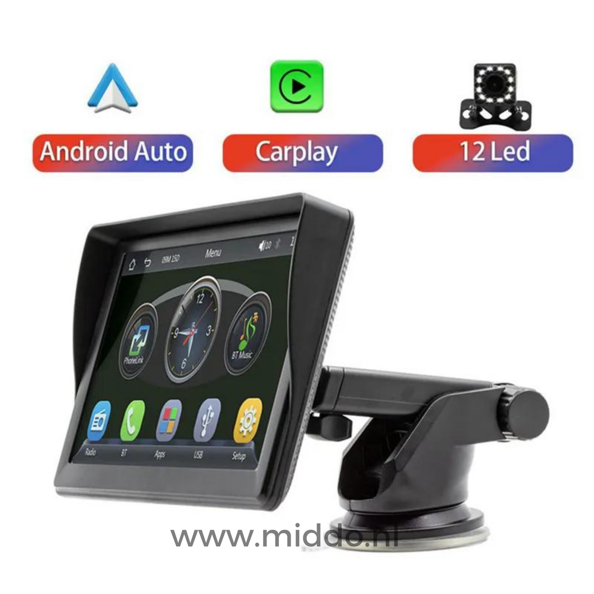 Carplay met drie plaatjes erboven van Android en 12 led camera en CarPlay teken op een witte achtergrond.