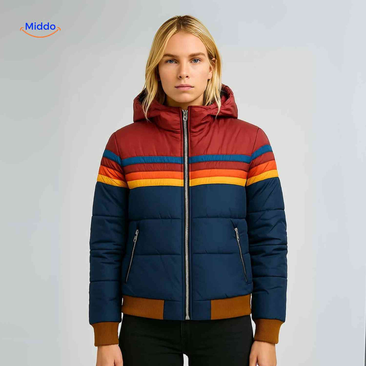 Colorwave Jas rood blauw retro jas met capuchon www.middo.nl