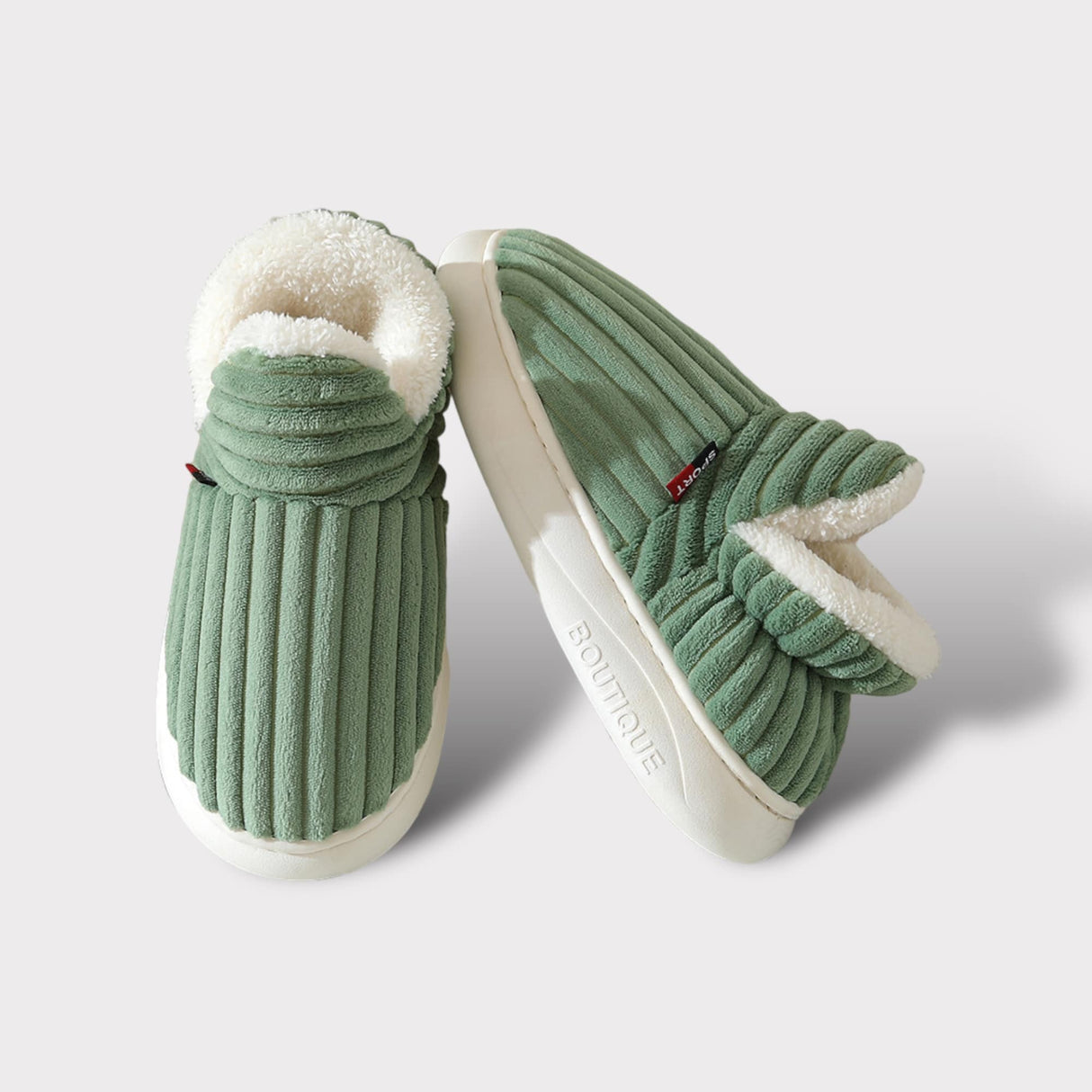 Groene CozyComfort pantoffels met witte fleece voering en witte rubberen zool
