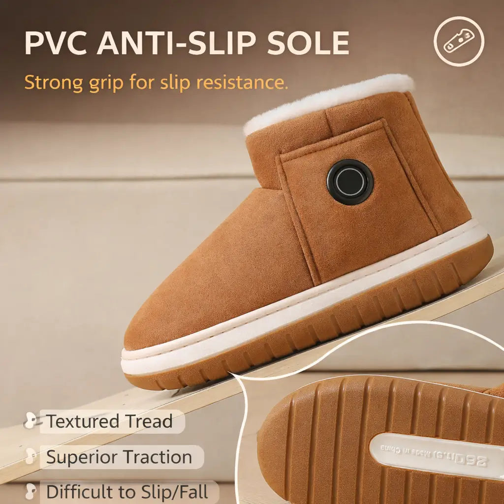 Rechargeable heated indoor boot with PVC anti-slip sole and textured tread detail