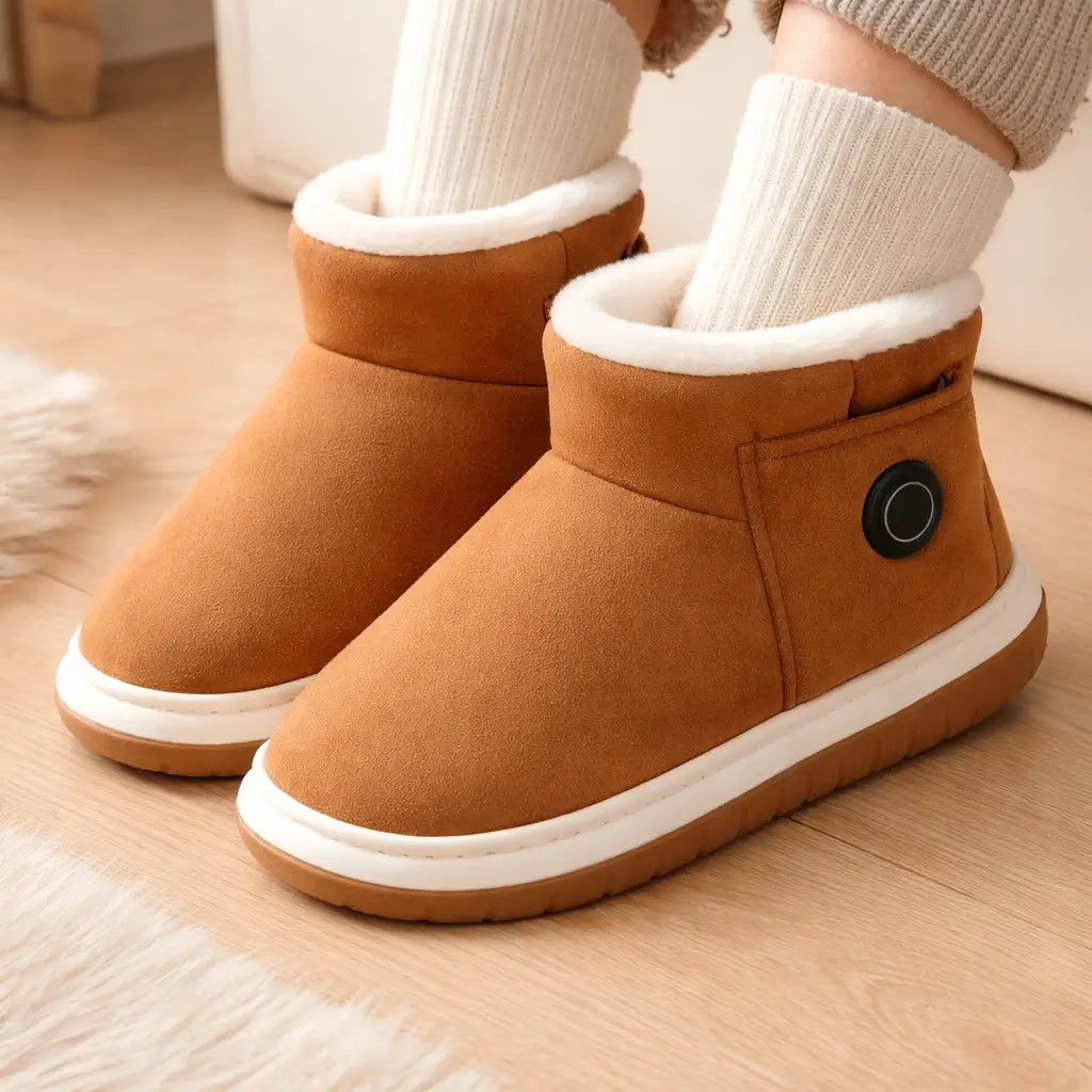 Tan rechargeable heated indoor boots worn indoors