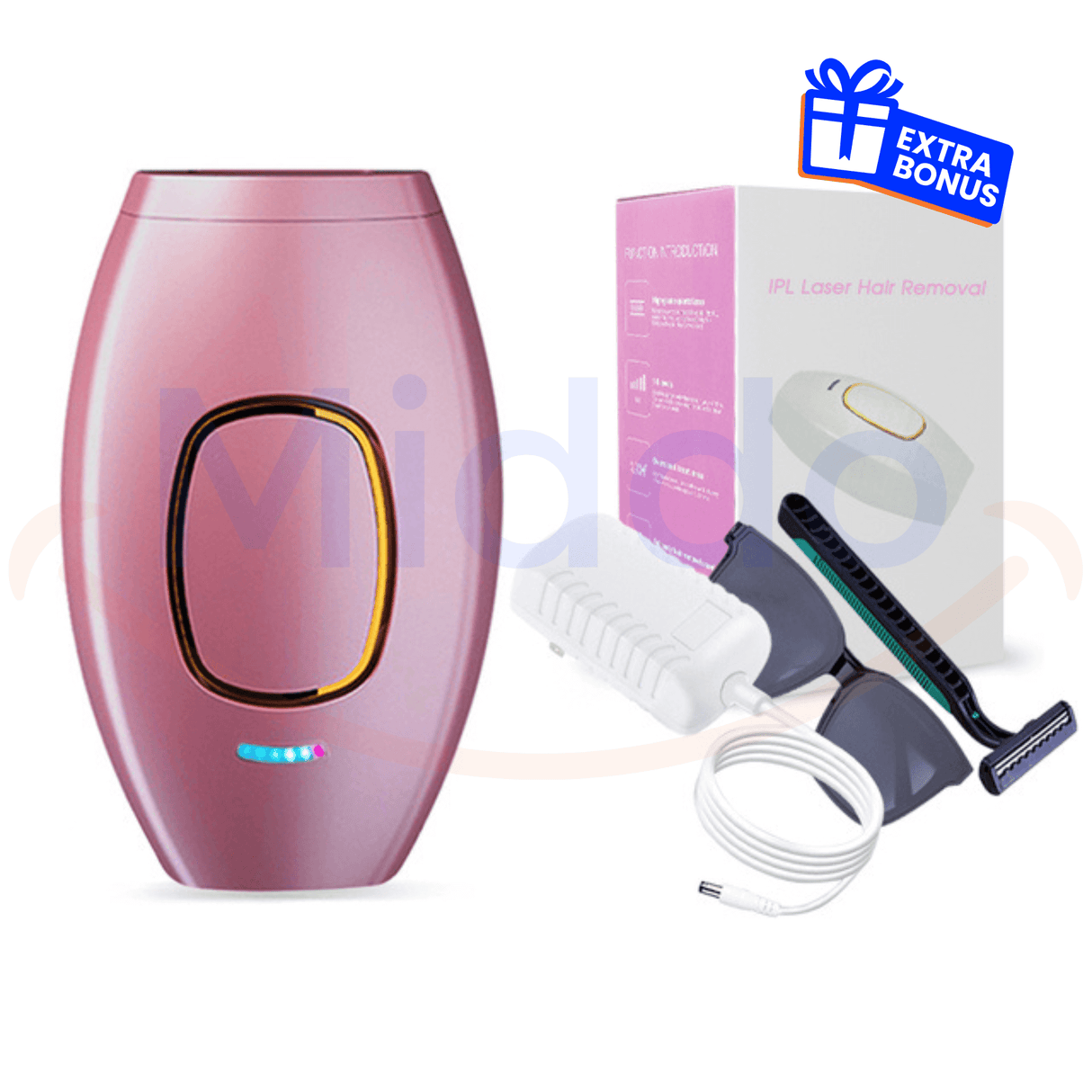 Roze DYLA 3.0™ IPL haarverwijderaar met accessoires en doos.