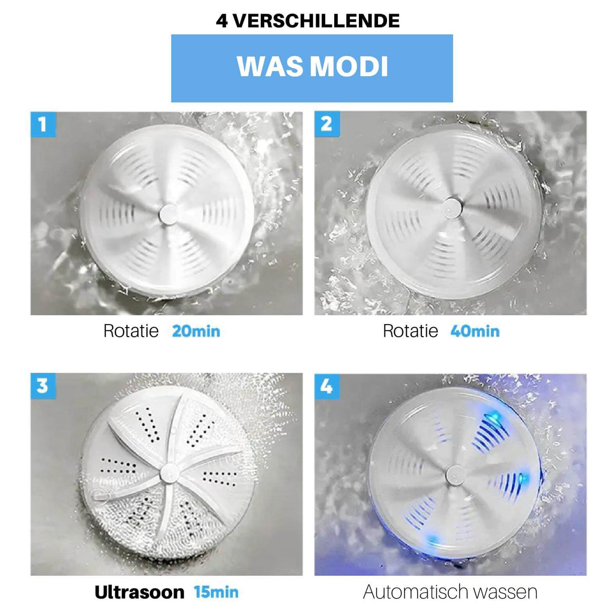 Vier verschillende wasmodi van de EasyWash mini-wasmachine.