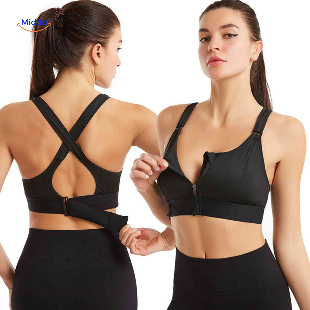 Fitura Sportbh zwarte voorkant rits fitness sport bh www.middo.nl