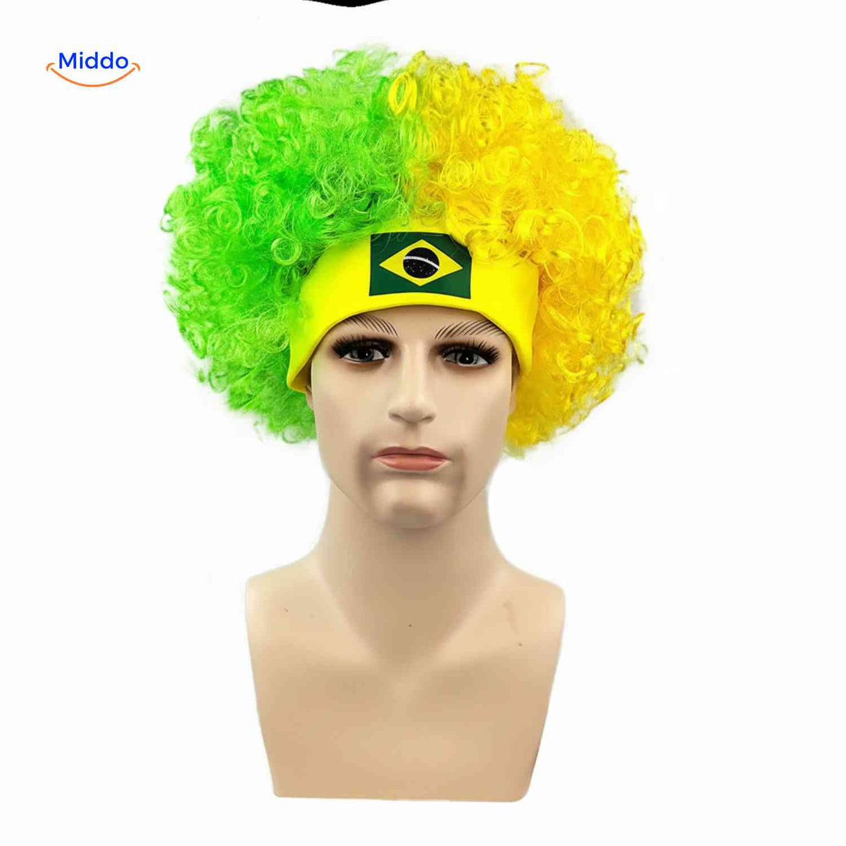Flagora Pruik groen geel krullenpruik hoofdband brazilie supporter www.middo.nl
