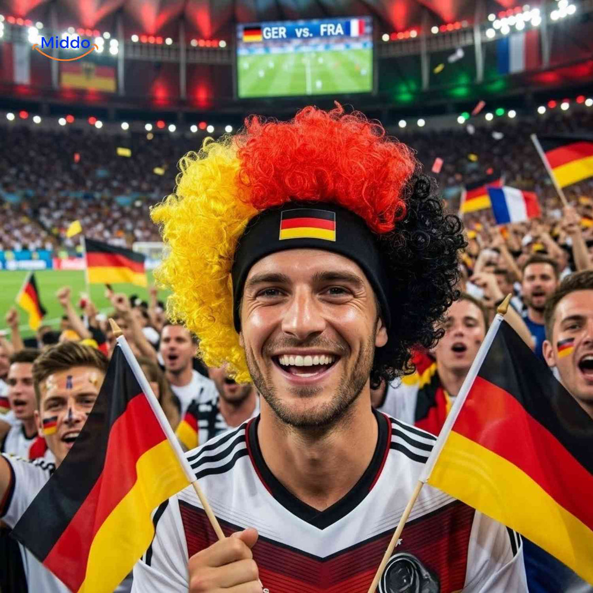 Flagora Pruik krullen duitsland supporterspruik stadion fan www.middo.nl