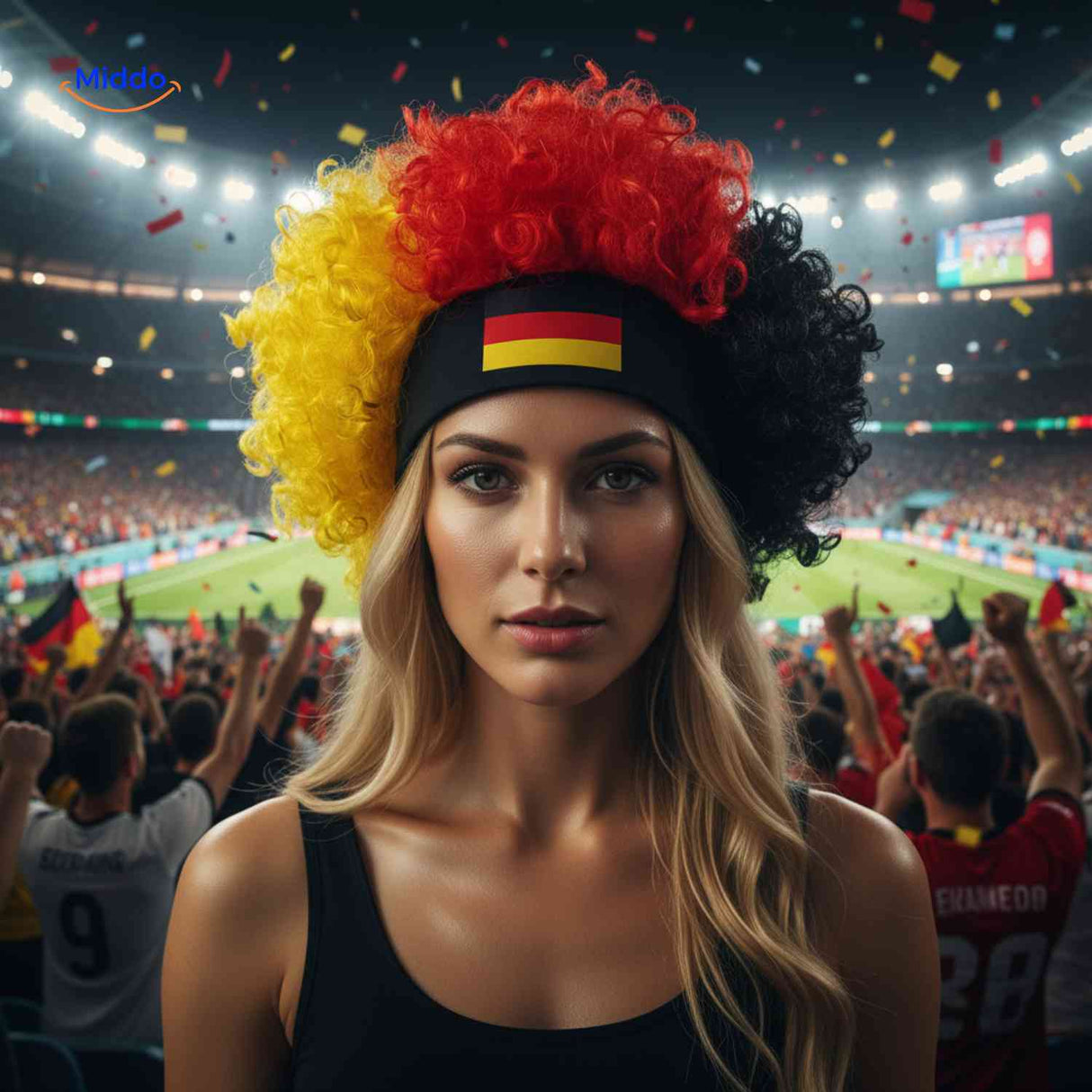 Flagora Pruik krullen stadion fanpruik sportfan accessoire www.middo.nl