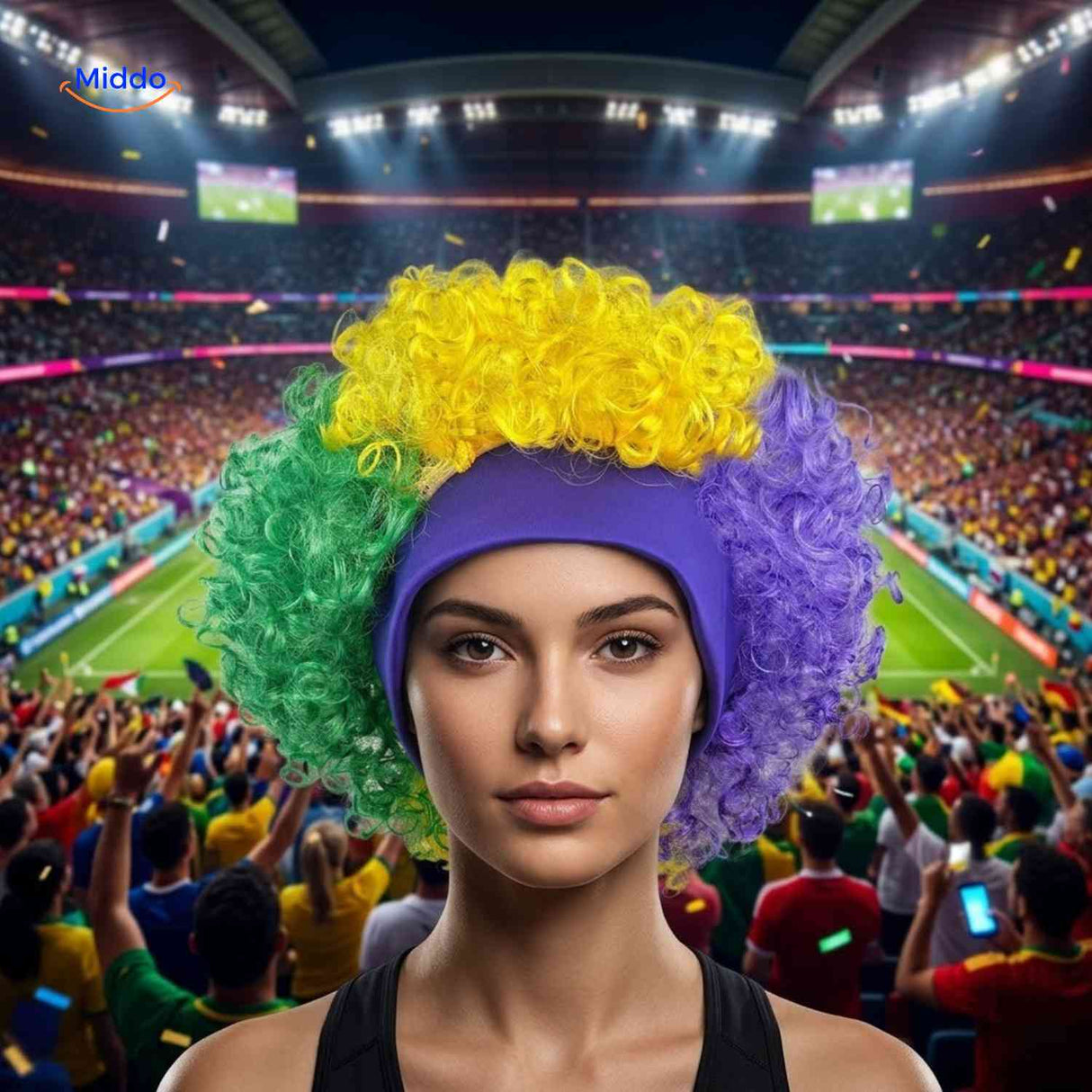 Flagora Pruik multicolor krullenpruik stadion hoofdband fan www.middo.nl