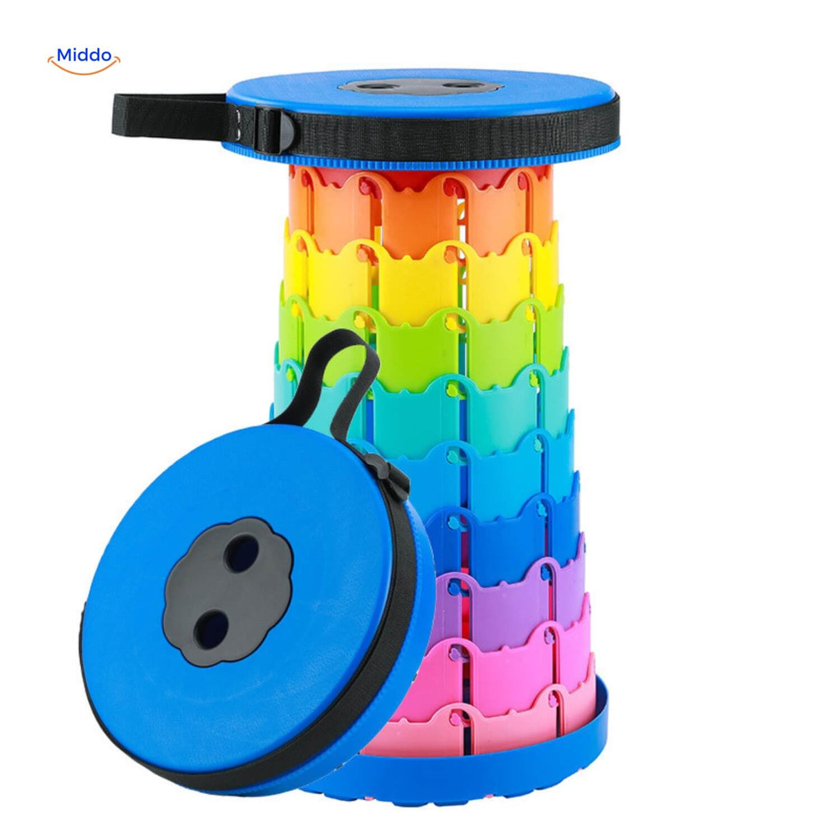 Regenboog opvouwbare kruk met blauwe zitting compact mee te nemen