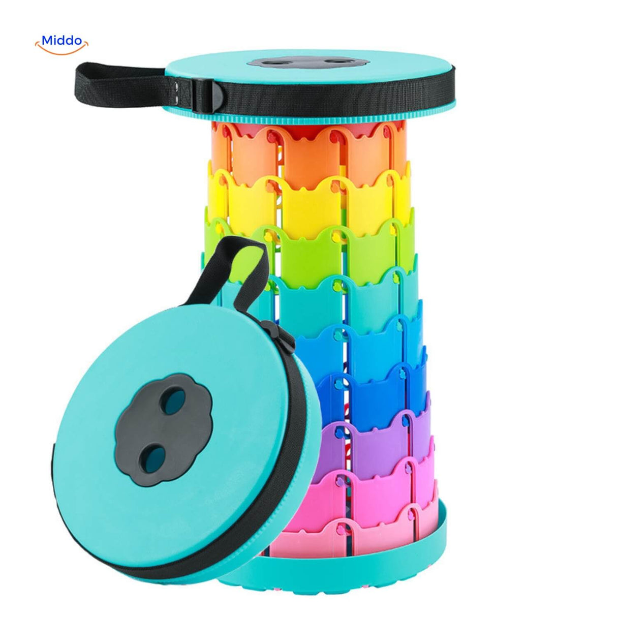 Regenboog telescopische kruk met turquoise zitting en draaghandvat