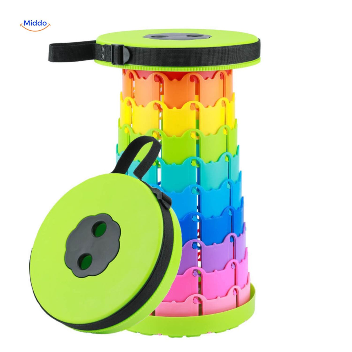 Regenboog telescopische kruk met groene zitting voor badkamer camping en thuis