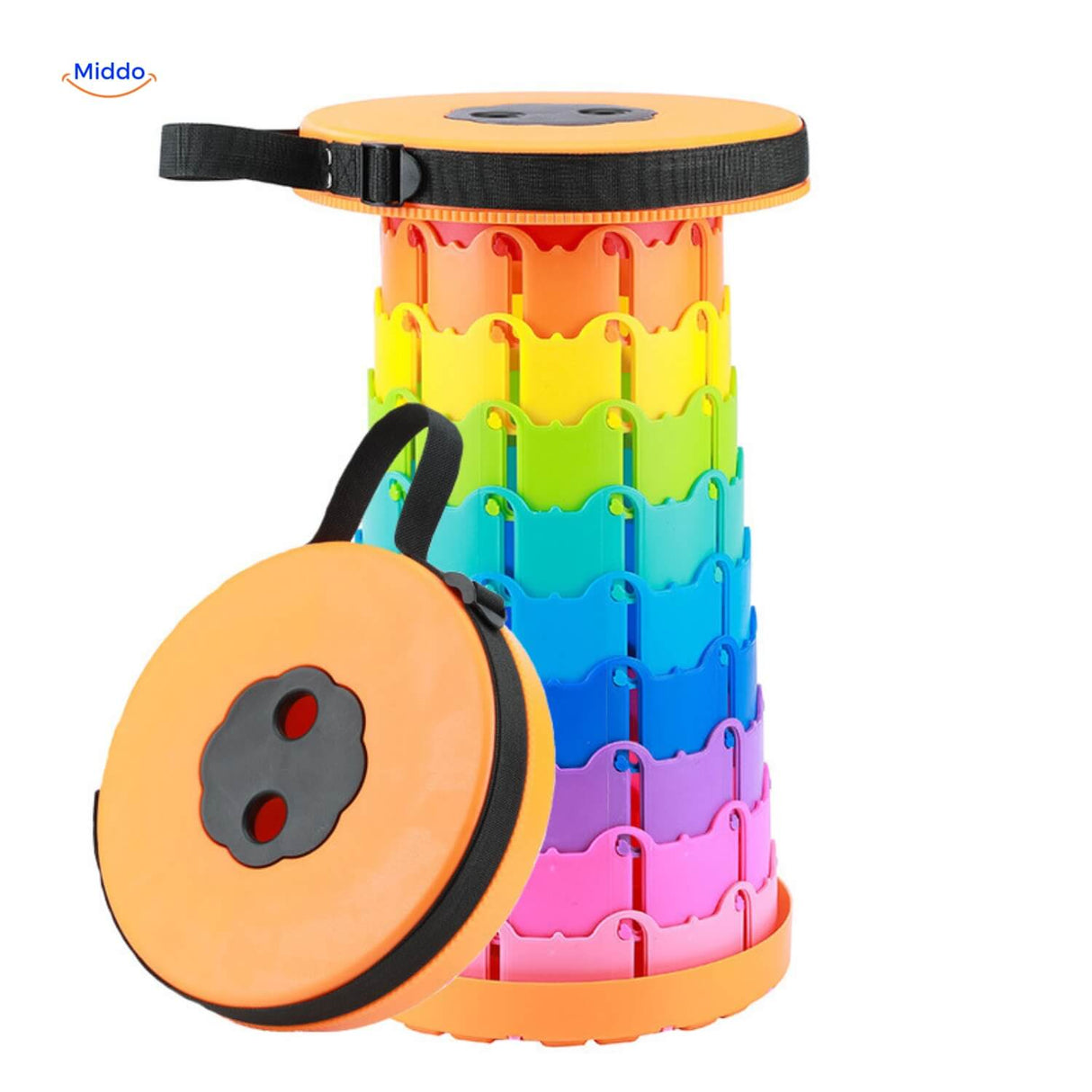 Regenboog opvouwbare campingkruk met oranje zitting en draagriem