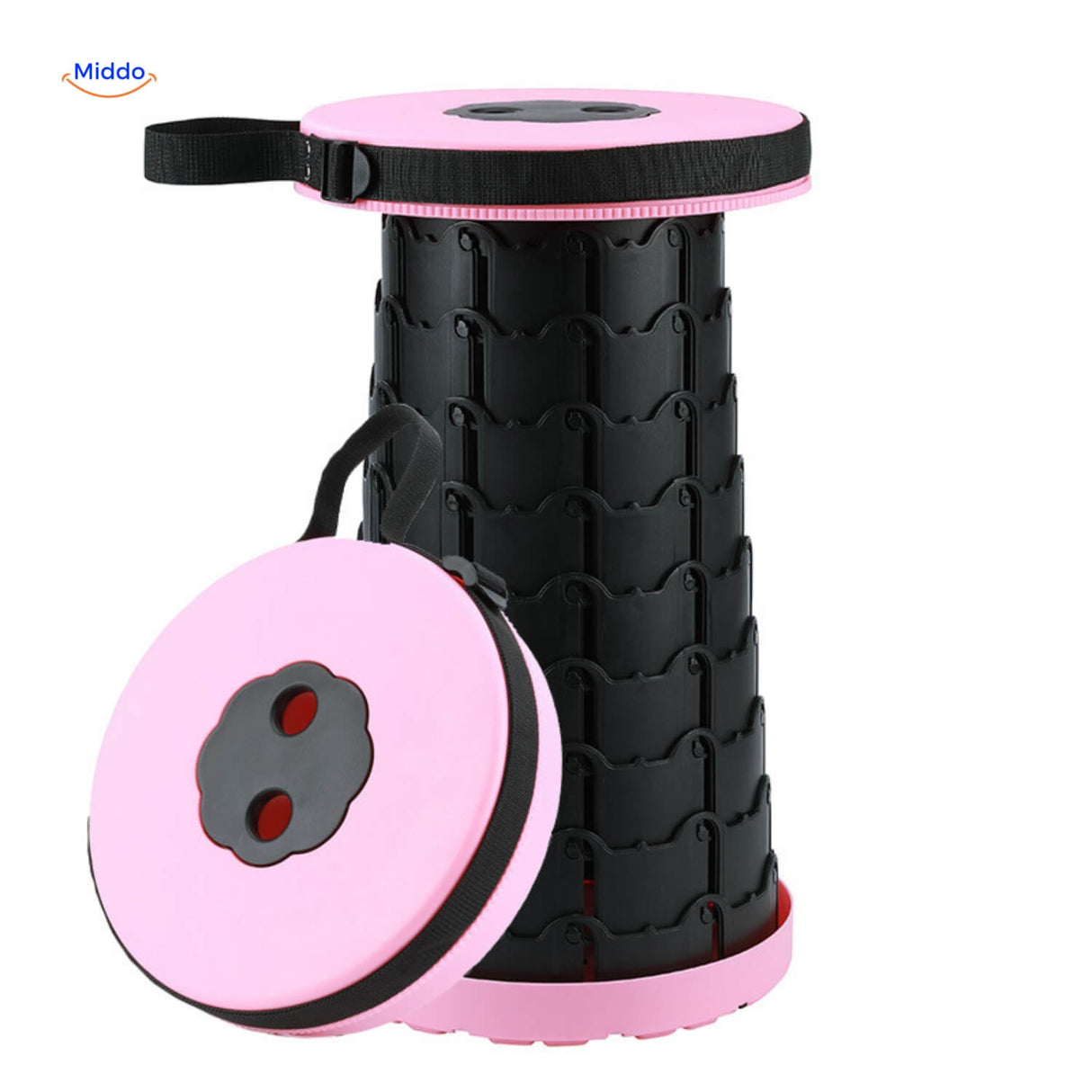 Zwarte opvouwbare kruk met roze zitting compact en lichtgewicht