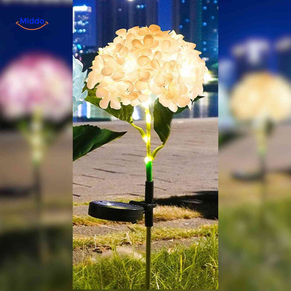 Florora Lantaarn geel hortensia solar tuinlamp www.middo.nl