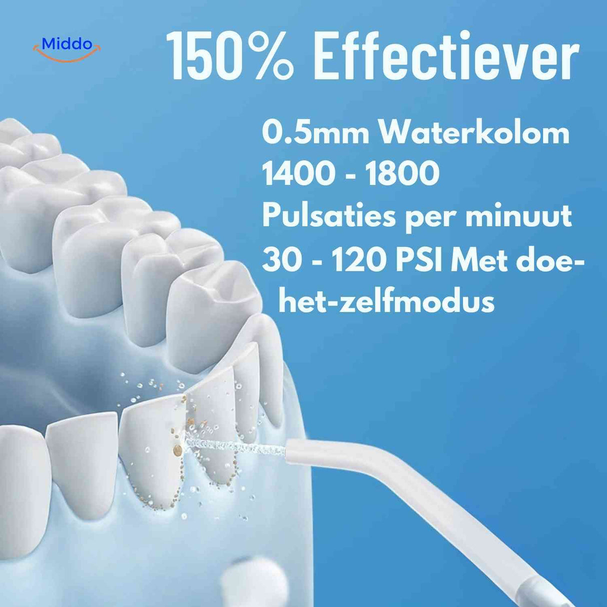 Flosso waterflosser 150 effectief 0.5mm waterkolom 1400 1800 pulsaties www.middo.nl