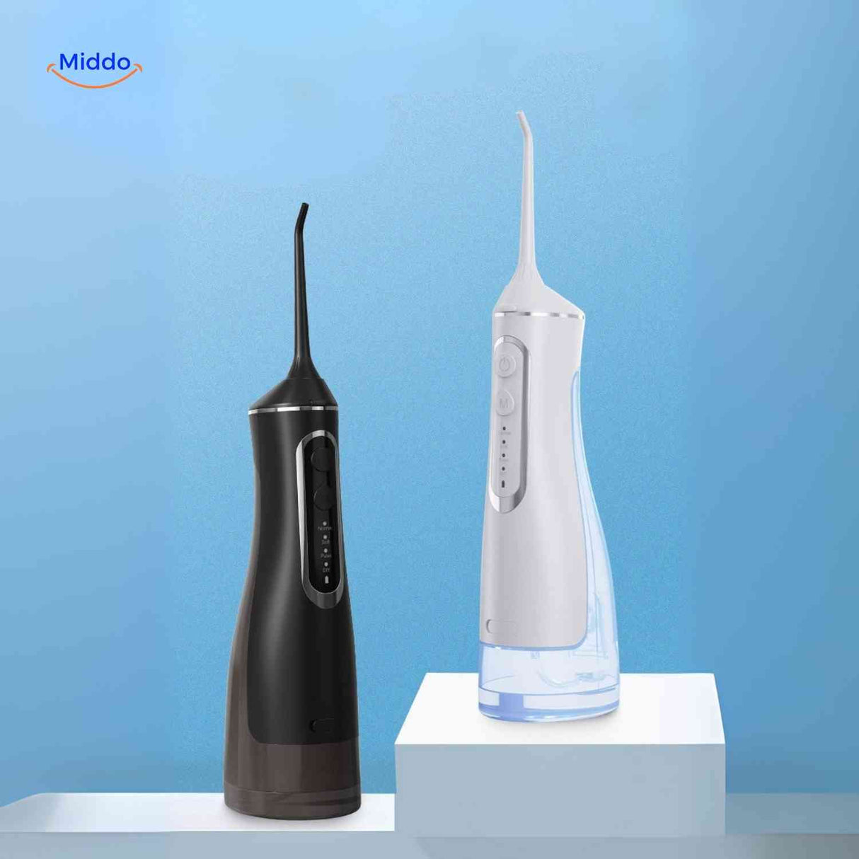 Flosso waterflosser zwart en wit varianten op een standaard www.middo.nl
