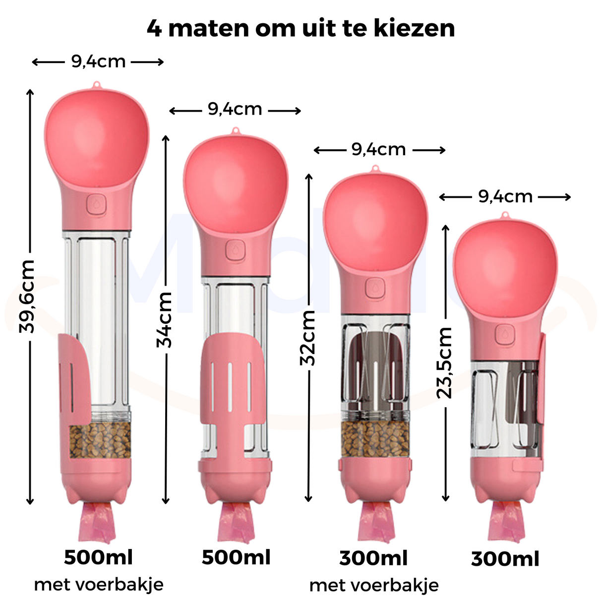 Roze FurryFeeder met afmetingen aangegeven