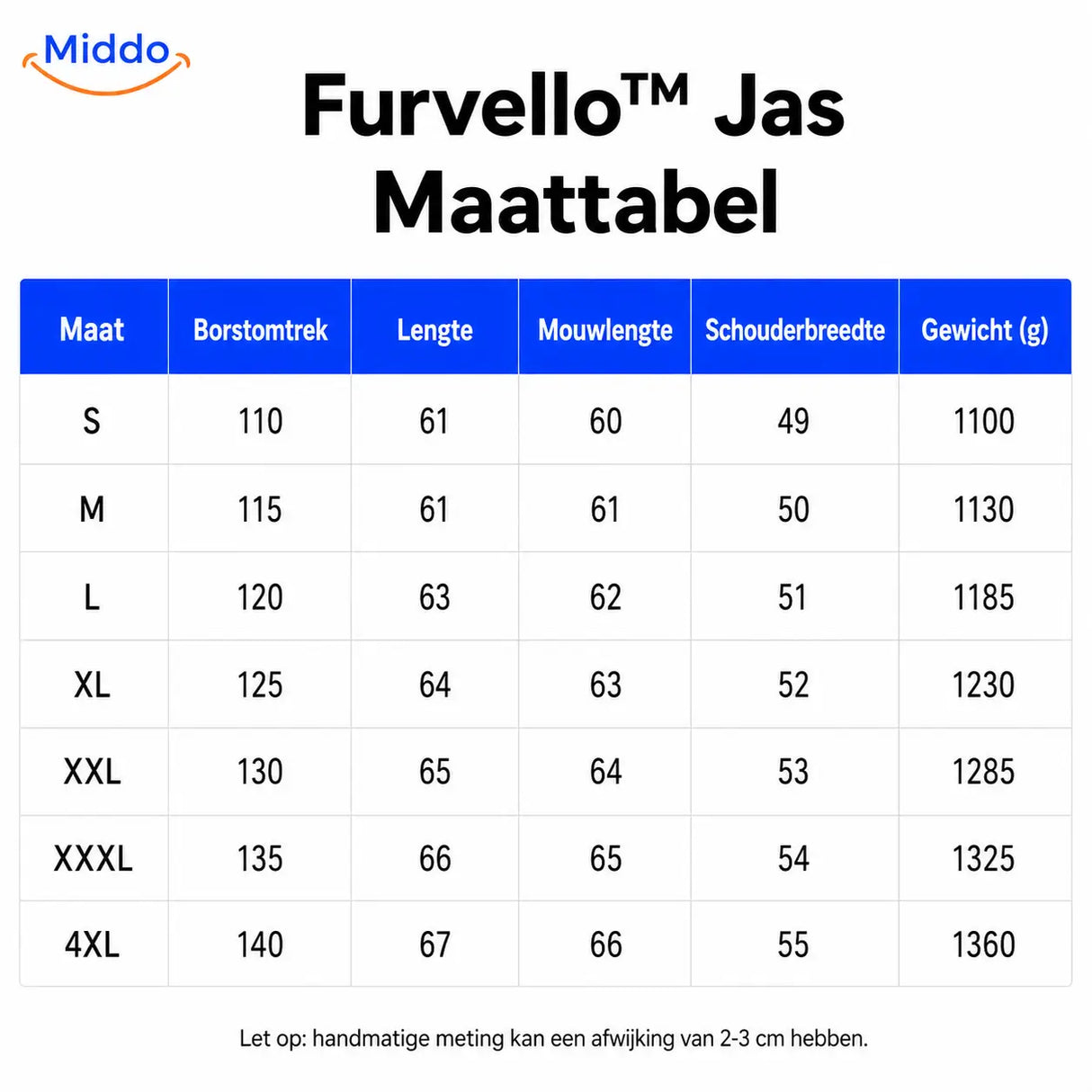 Furvello Jas maattabel leren schapenvacht jas heren www.middo.nl
