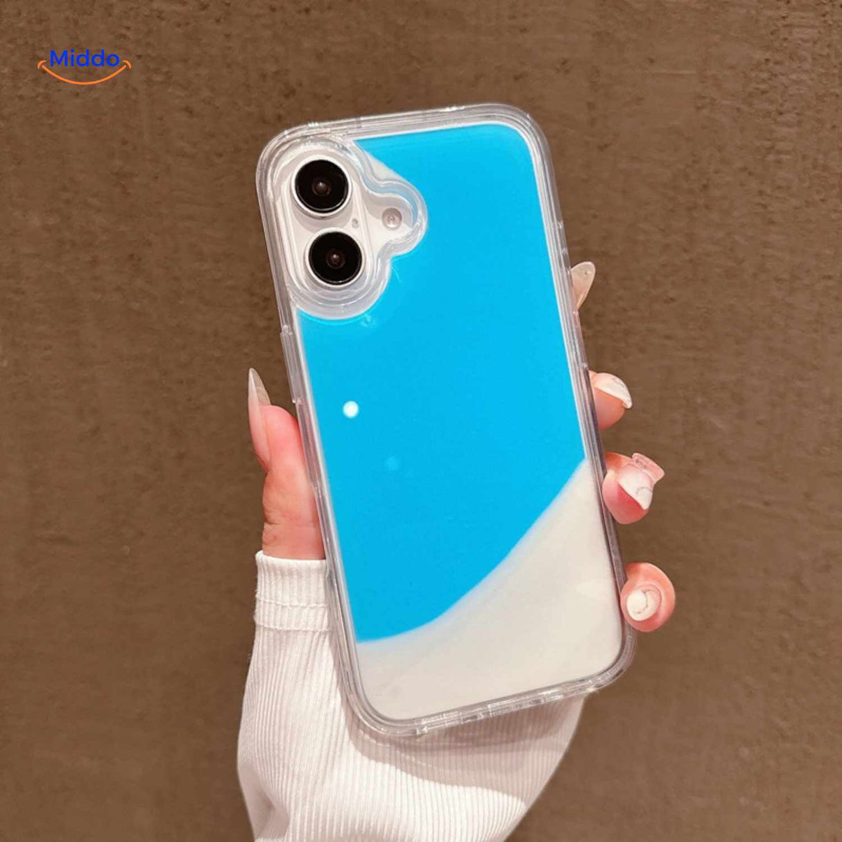 GlowSand Telefoonhoesje met hemelsblauw en witte vloeibare look www.middo.nl