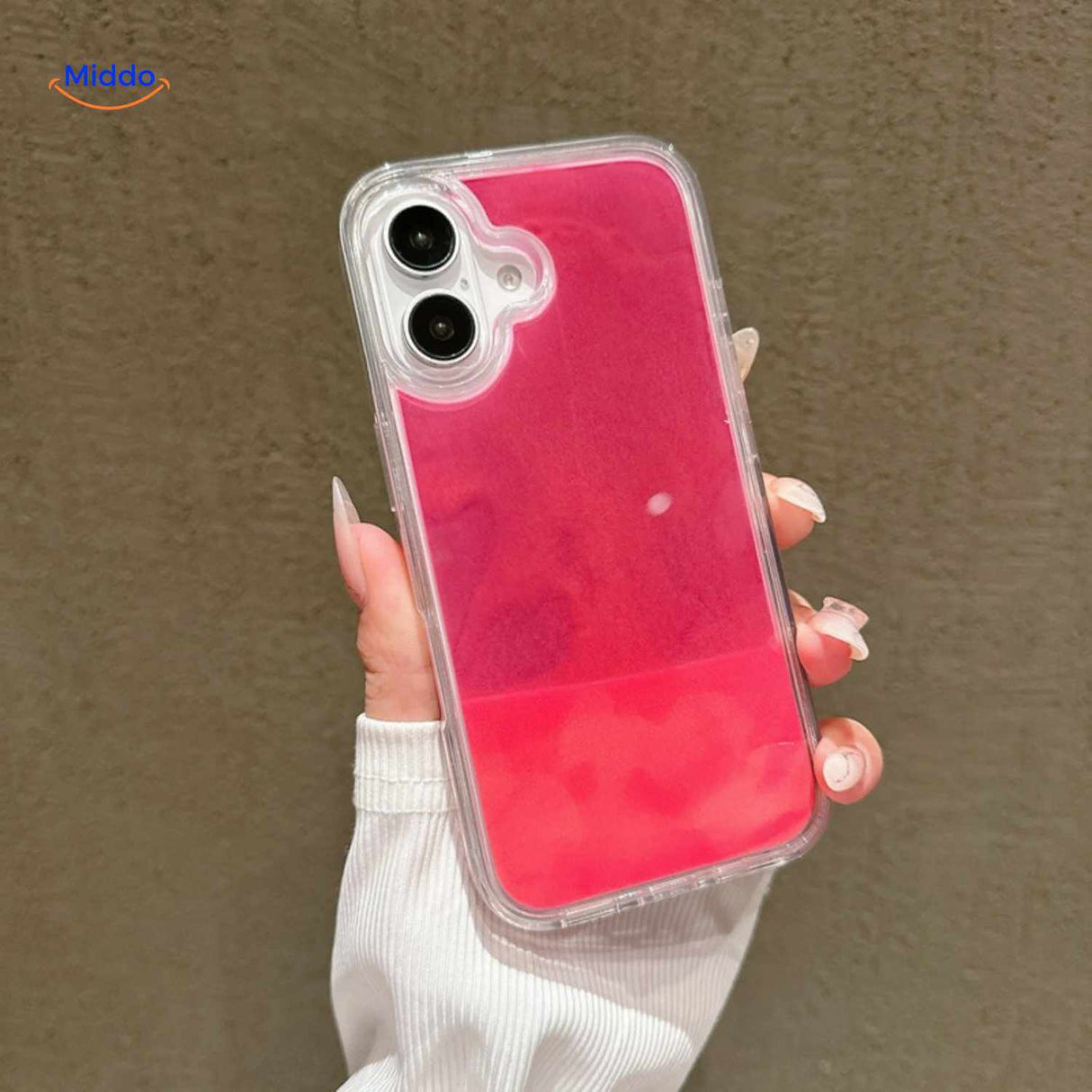 GlowSand Telefoonhoesje met roze vloeibare glitterstijl www.middo.nl