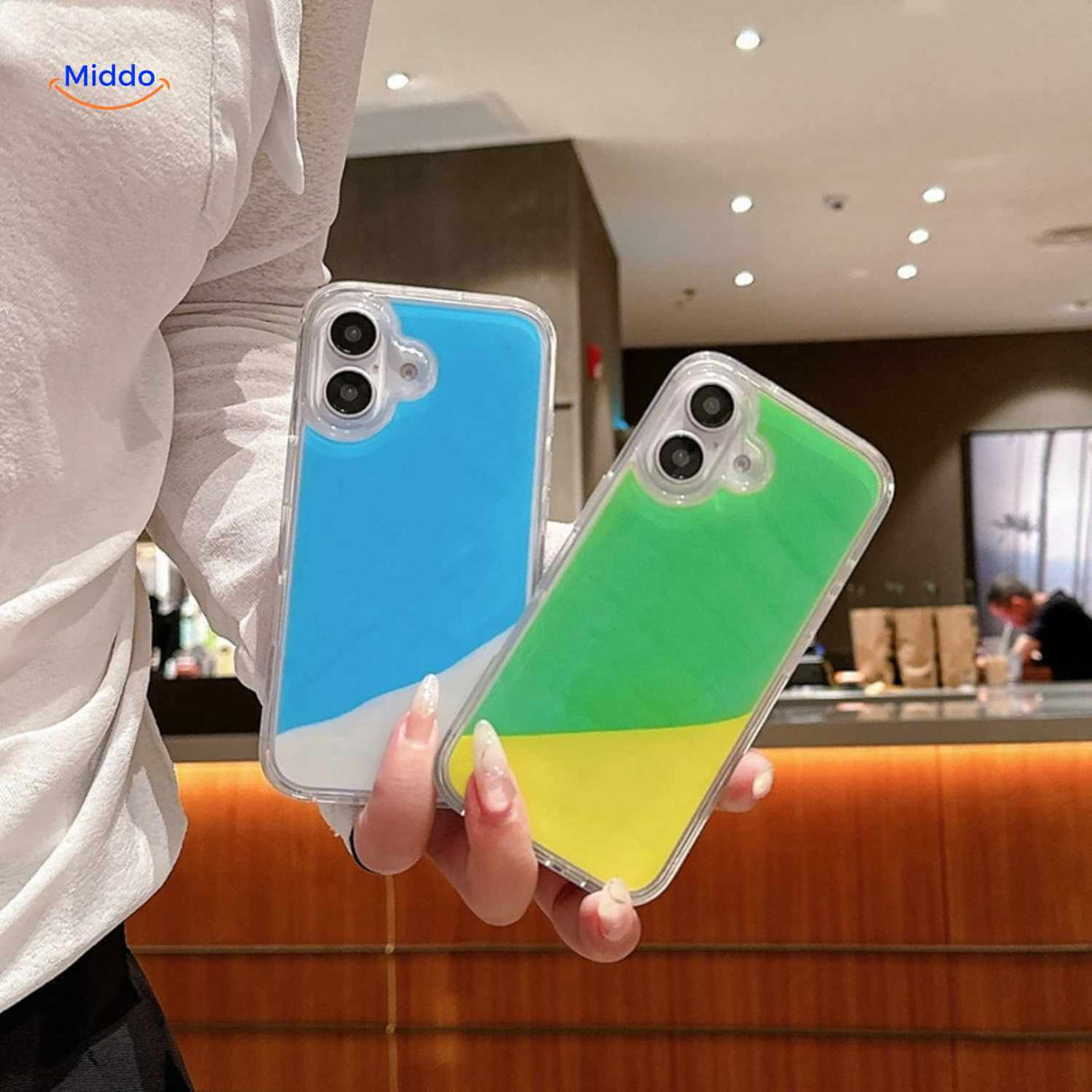 GlowSand Telefoonhoesjes met blauw en groen geel overloopstijl www.middo.nl