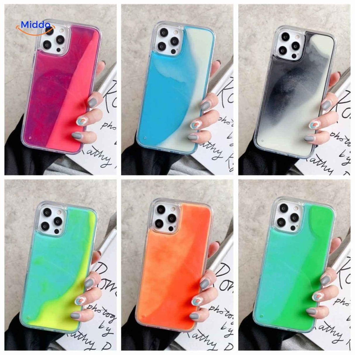 GlowSand Telefoonhoesjes zes kleuren opties met vloeiende designs www.middo.nl