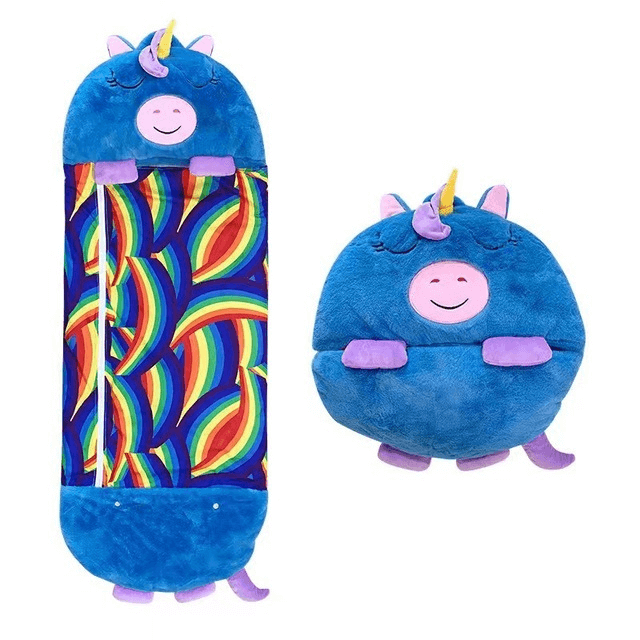 Knuffelslaapzak in blauw eenhoorndesign