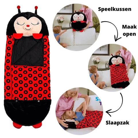 Uitgevouwen happy napper knuffel slaapzak lieveheersbeestje