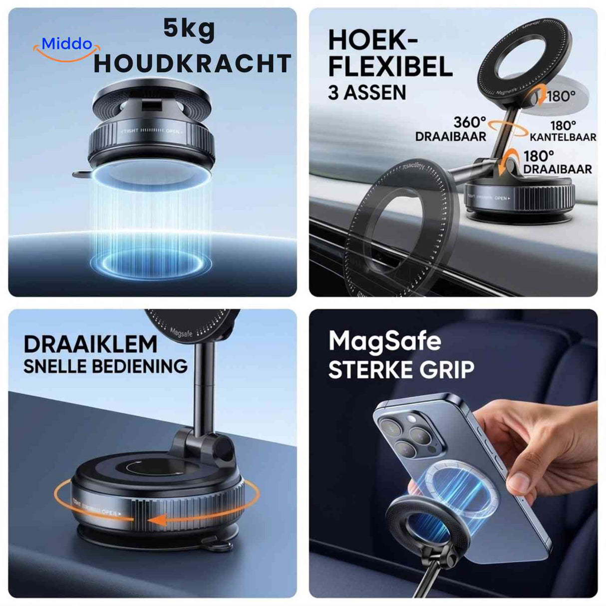 MagnaFold Houder magnetische telefoonhouder 5kg zuigkracht draaibaar dashboard www.middo.nl