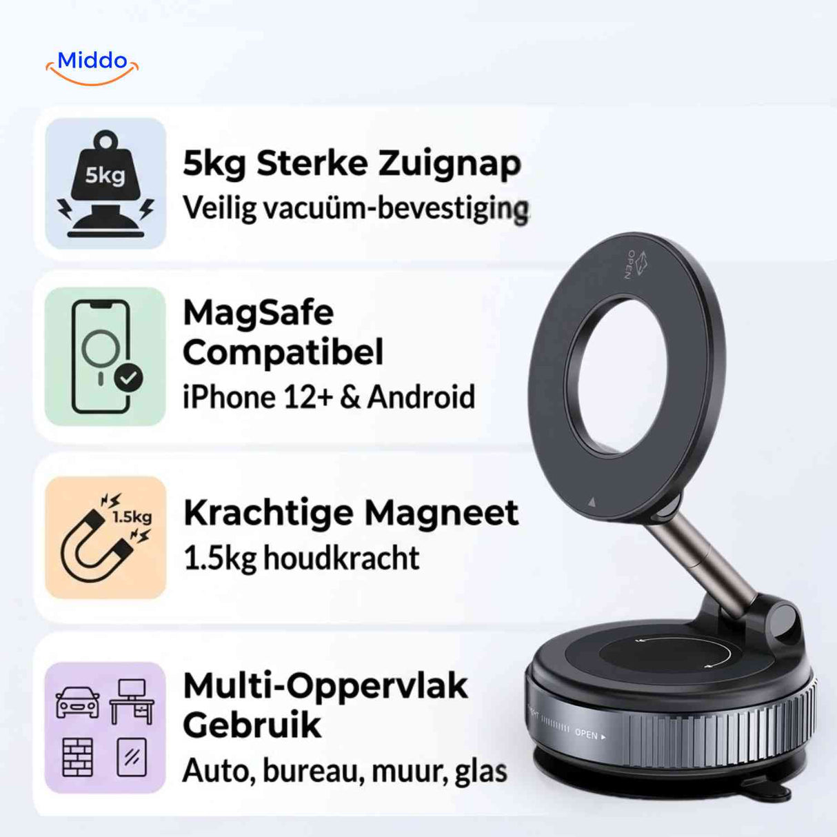 MagnaFold Houder sterke zuignap magsafe telefoonhouder multi oppervlak www.middo.nl