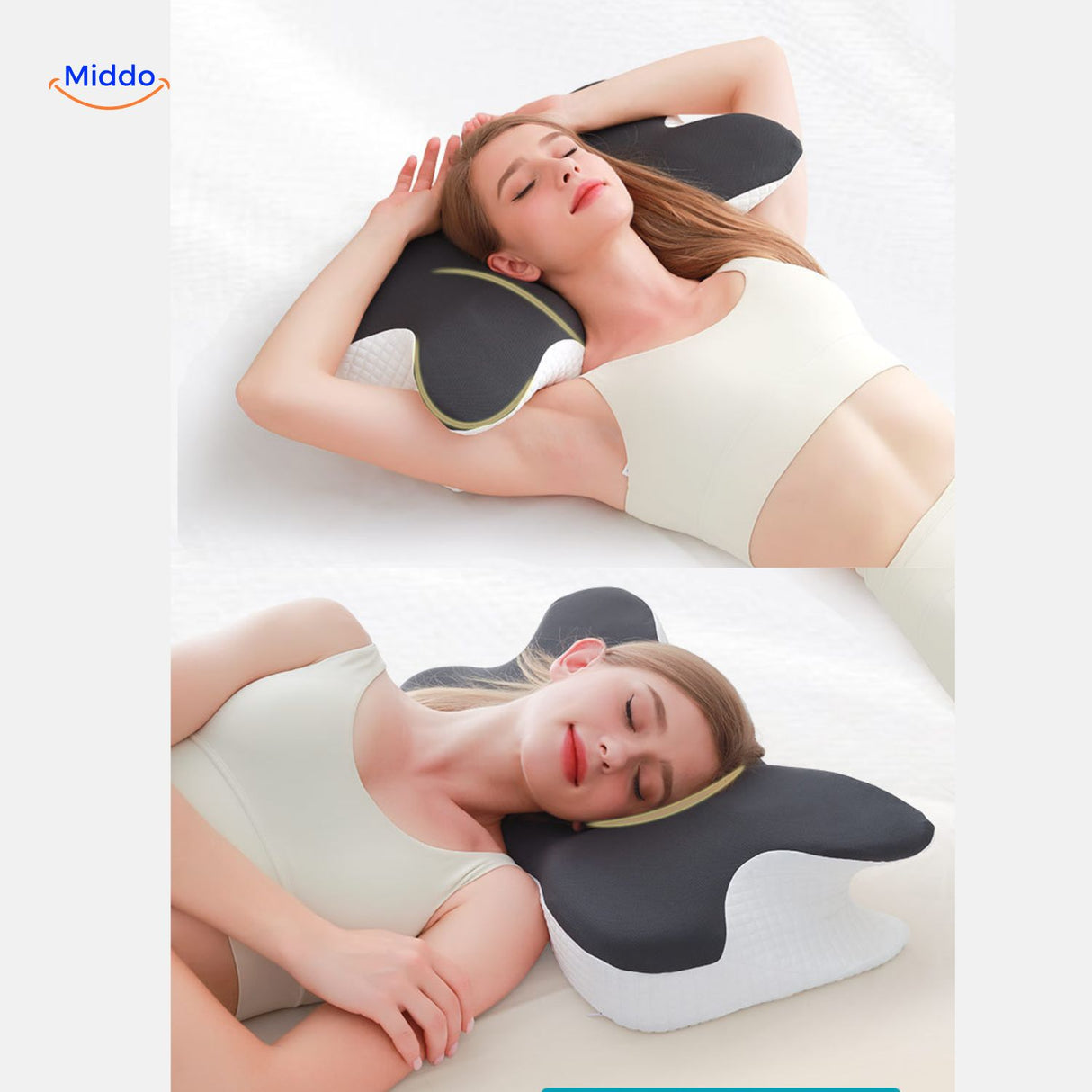 NeckRest Kussen vrouw met slapen positief www.middo.nl