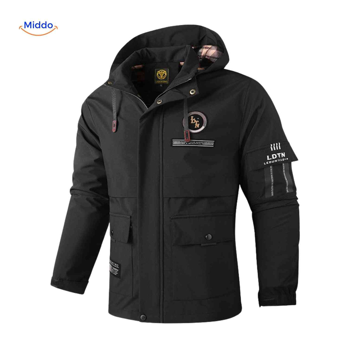 NordGuard Jas zwarte winddichte heren parka met capuchon en patch op mouw www.middo.nl