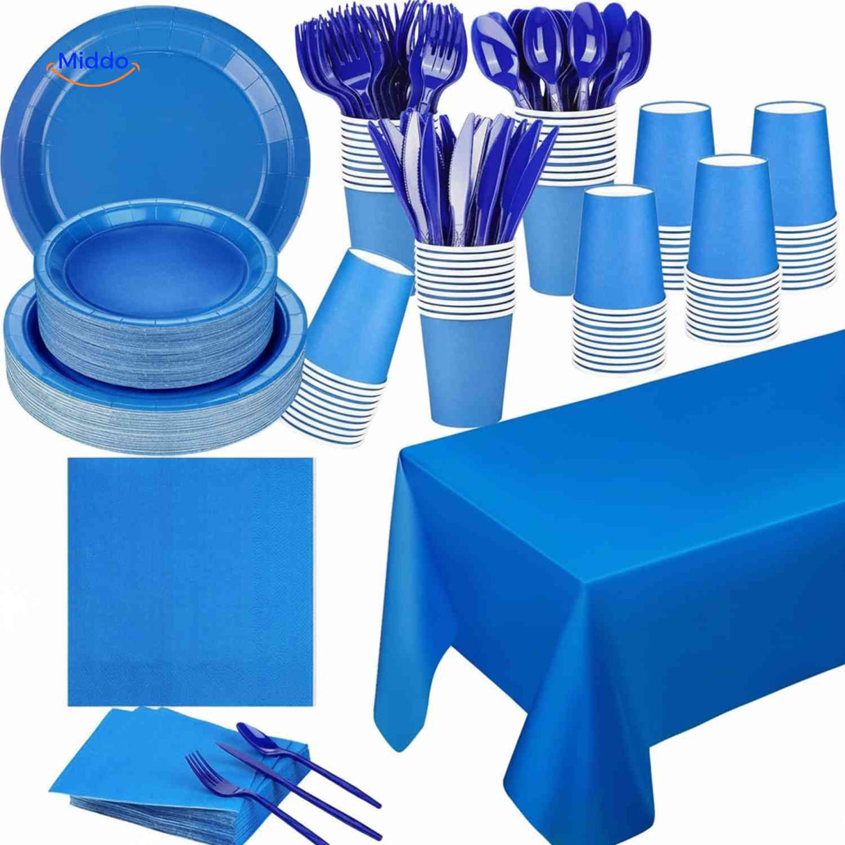 PartyLux Bordenset wegwerp borden bekers bestek servies set blauw www.middo.nl