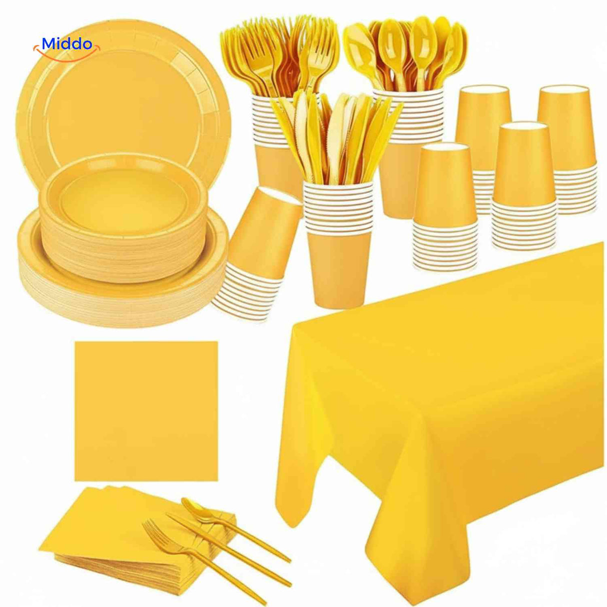PartyLux Bordenset wegwerp borden bekers bestek servies set geel www.middo.nl