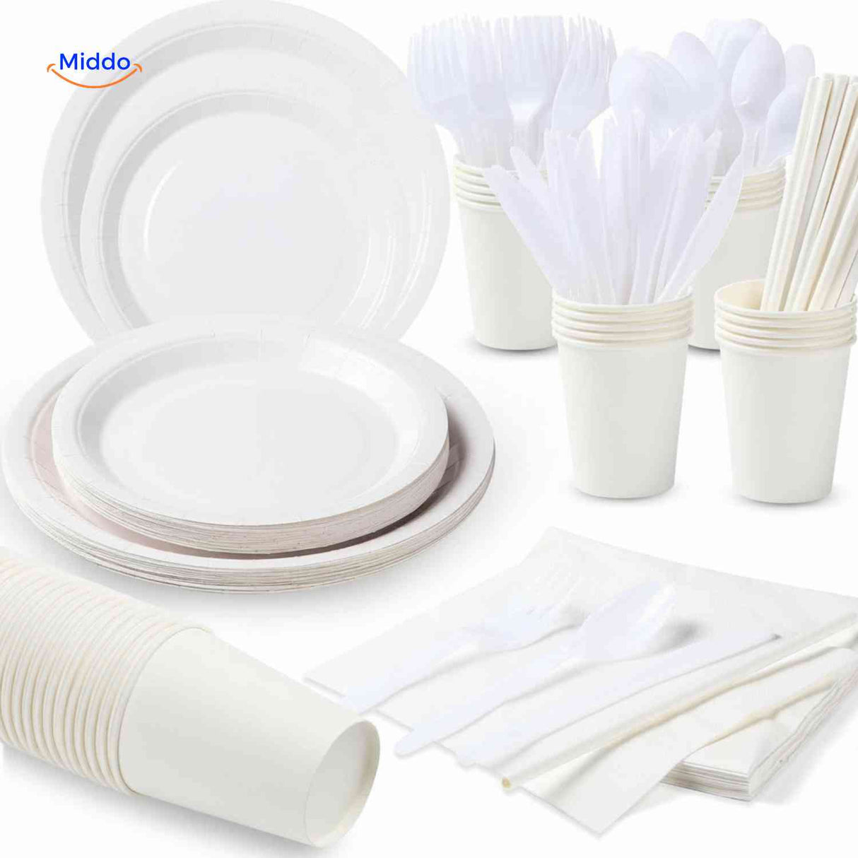 PartyLux Bordenset wegwerp borden bekers bestek servies set wit www.middo.nl