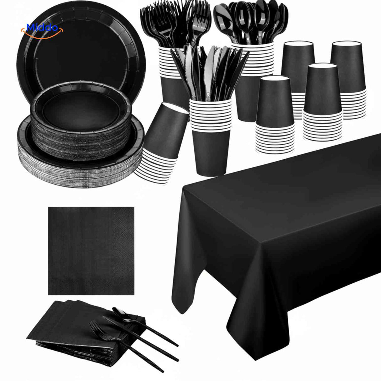 PartyLux Bordenset wegwerp borden bekers bestek servies set zwart www.middo.nl