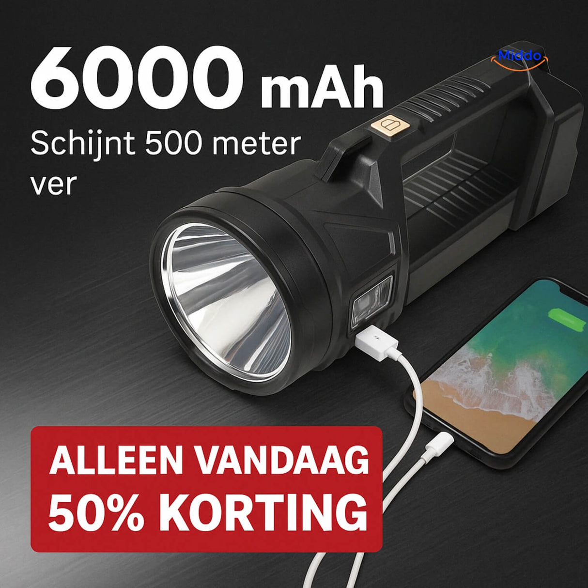 PowerBeam™ Superlamp | Ultra Helder • 6000mAh • 500m Bereik