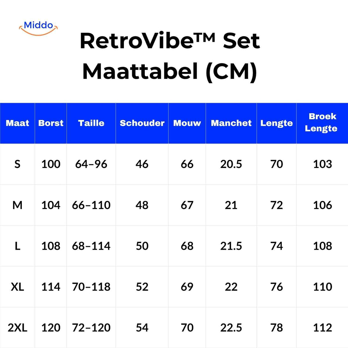 RetroVibe Set maattabel dames trainingspak maten overzicht cm www.middo.nl