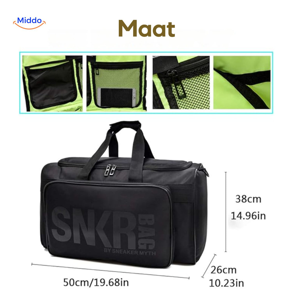 SNKRPro Tas met maten en grijze intern details www.middo.nl
