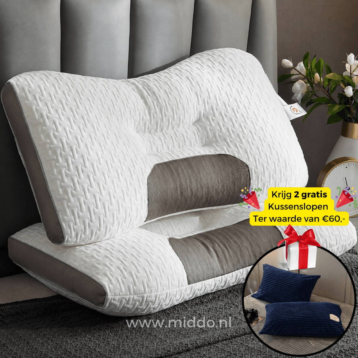 ergonomisch nekkussen met 2 gratis donkerblauwe fluwelen kussenslopen, op een bed