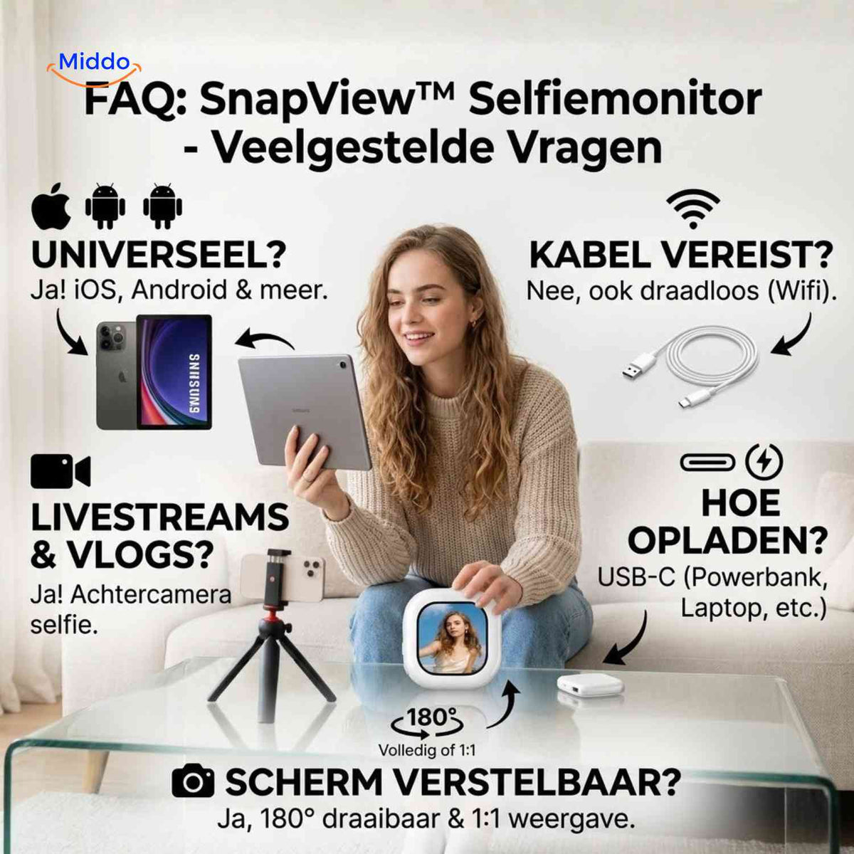 SnapView Selfiemonitor faq universeel usb c livestream www.middo.nl